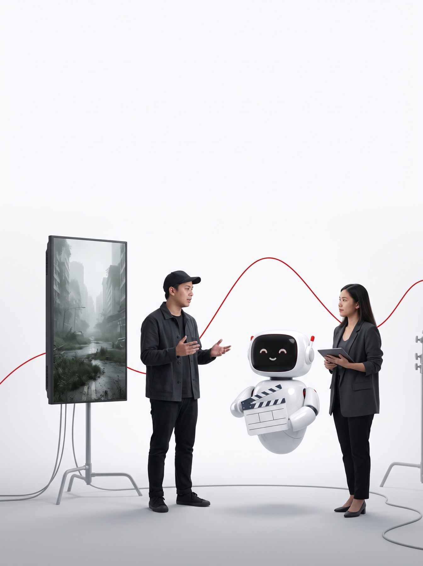 ผู้กำกับและทีมทำงานร่วมกับ AI Agent ข้างจอภาพแนวตั้ง